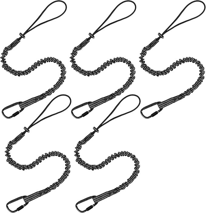 Safety Tether Tool Lanyard for Fall Protection - 5 Pack Stretch Strap Safety Tools Leash with Aluminum Screw Lock Buckle Shock Cord Stopper & Retractable Loop