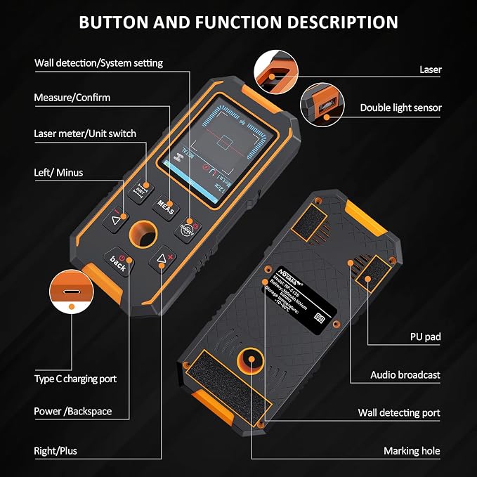 Stud Finder Wall Scanner with Built-in Distance Measurement, Metal, Wood and AC Wire Modes, Rechargeable Stud Detector Upgraded Smart Sensor Accurate Detection Audio Alarm