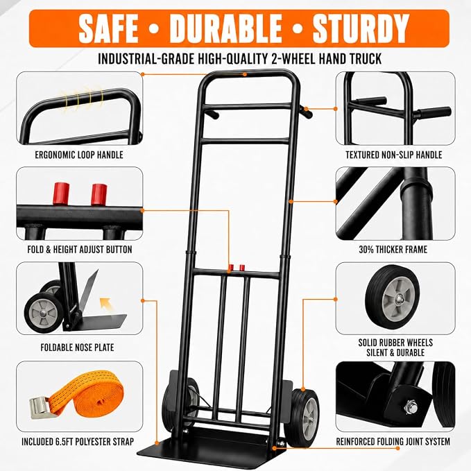 Folding Hand Truck Dolly Cart, 800 lb Capacity, Compact Foldable | Alloy Steel Frame, 47.5-51.5 Inch Handle, Heavy-Duty 8 Inch Solid Rubber Wheels, for Moving, Warehouse and Home Office Use