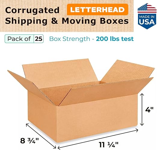 Letterhead Cardboard Boxes 11 1/4"L x 8 3/4"W x 4"H (25-Pack) - Extra Strength 200 lb vs Regular - USA-Made Corrugated Shipping Boxes for FEDEX - Box for Packaging Moving - Moving Box by IDL Packaging