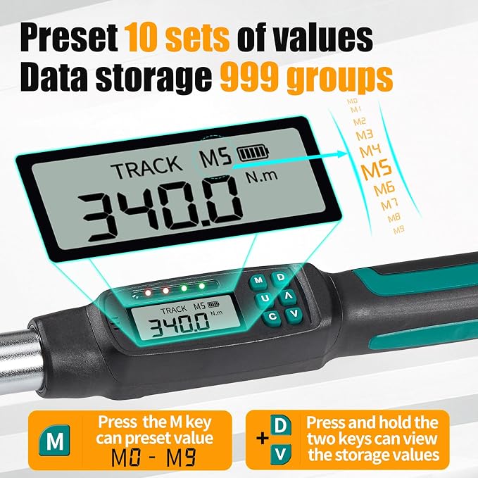 1/2” Digital Torque Wrench Set 7.5-250.8 ft-lb/10.2-340 Nm, ±2% Accuracy, LED & Buzzer Alerts, with 3 Adapters (1/4", 3/8"& Extension Bar), Industrial CR-V Steel for Car, Motorcycle, Bike Repair