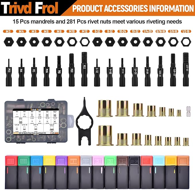 Trivd Frol 16" Rivet Nut Tool, Nutsert Rivet Nut Tool Kit with 15 Metric and SAE Mandrels, 281Pcs Rivet Nut Assortment Kit and Rugged Carrying Case