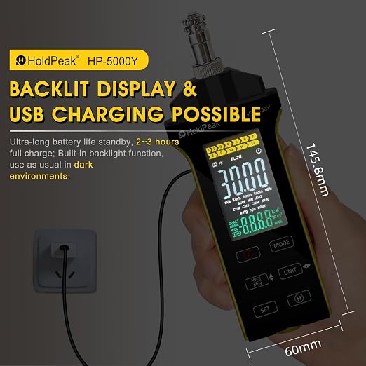 HOLDPEAK Professional Hot-Wire Anemometer, High-Precision Digital Wind Speed Meter for HVAC, Measures CFM/CMM Airflow, Air Velocity & Temperature with Telescopic Probe, Backlit LCD, USB Charging
