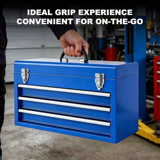 BIG RED ANTBD133-XU Torin 3 Drawer 20.5" Portable Metal Tool Box: Ball-Bearing Slides and 2 Metal Latches for Secure Closure in Garage, Home or Workbench, Blue