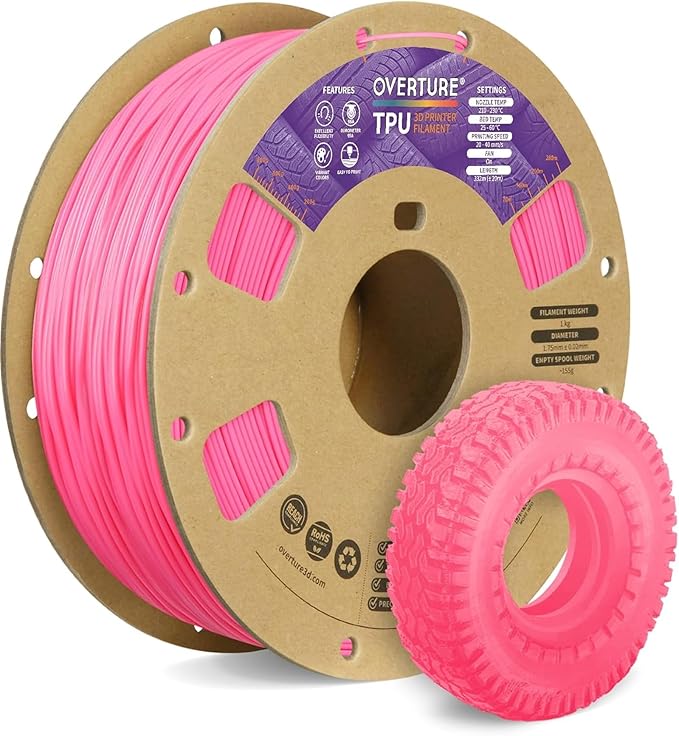 OVERTURE TPU 95A Flexible 3D Printer Filament 1.75mm | High Elasticity & Durability Filament,1kg Spool(2.2lbs),Fit Most FDM Printer(TPU Bright Pink)