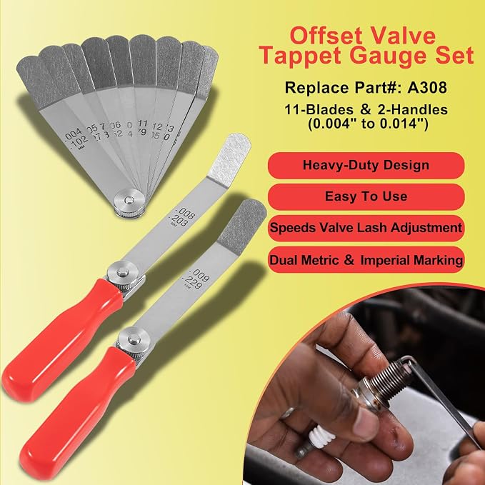 2124332 Engine Brake Feeler Gauge Tool & A308 Offset Valve Tappet Gauge Set with Two Handles (0.004" to 0.014", 0.028")