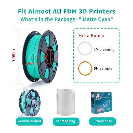 ZIRO Matte PLA Filament 1.75mm, Pure Color No-Shine 3D Printer Filament, High Toughness 3D Printing Material, Cyan (Matte)