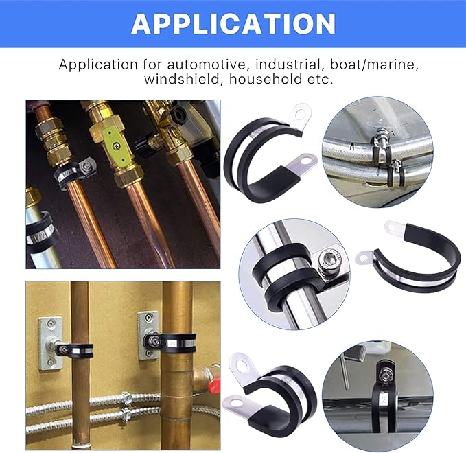 56PCS Large Stainless Steel Rubber Coated Cushioned Insulated Cable Clamps Assortment Kit - Automotive & Pipe Clamps in 7 Sizes - 3/4" to 2"