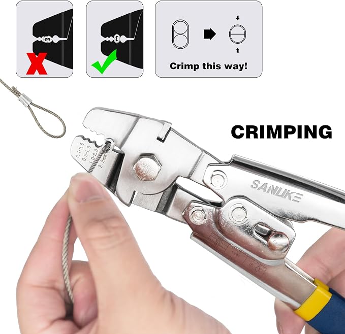 Sanuke Wire Rope Crimping Tool for 3/64 5/64 1/16 Wire Rope with 304 Stainless Steel Cable 3 Sizes 33FT and 150pcs Sleeves Stops, 10pcs Thimble