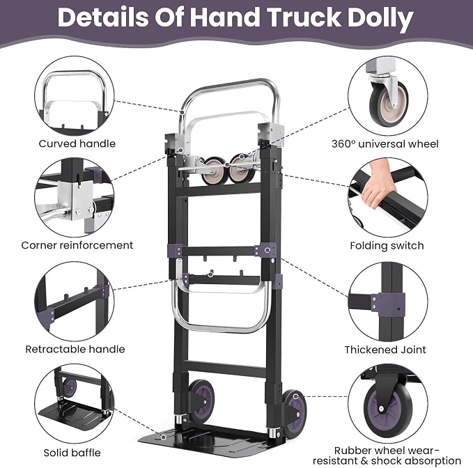 3-in-1 Convertible Heavy Duty Folding Hand Truck Dolly, 600LB Capacity with Rubber& Wheels Telescoping Handles, Portable Collapsible Cart for Warehouse, Supermarket, Office (Black)