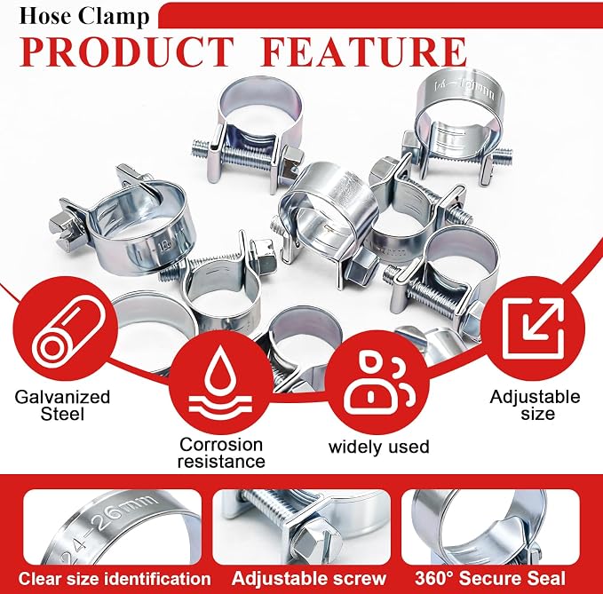 Tnisesm 158Pcs Mini Fuel Injection Hose Clamps Adjustable 7-34mm 14 Sizes Fuel Line Clamps Assortment Kit,Hoses Clamps Sleeving,for Automotive Diesel Petrol Pipe with Socket Spanner