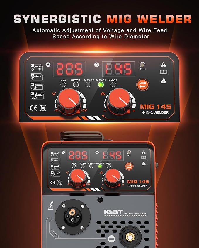 145A MIG Welder 110V, Gas MIG/Flux Core Gasless MIG/MMA Stick/Lift TIG, 4-in-1 Multi-Process Welding Machine with Synergic Control, Wire Feed Welder with IGBT Inverter & Complete Kit