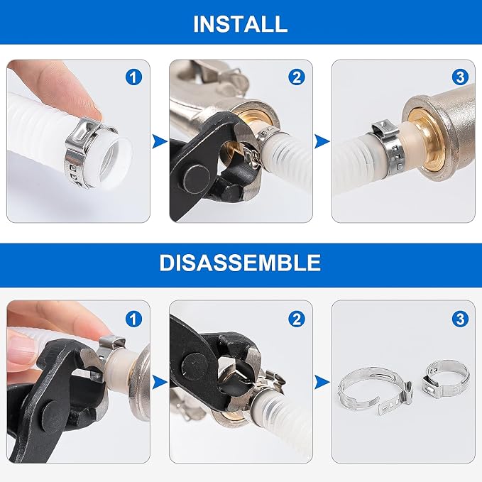 170PCS Single Ear Hose Clamps,11Sizes 5.8-33.1mm 304 Stainless Steel Stepless Hose Pex Crimp Cinch Rings Assortment Kit with Ear Clamp Pincer for Auto, Home, Pipe, Plumbing, Fuel Line, Garden