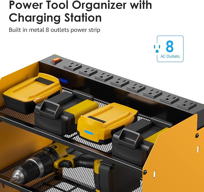 CCCEI Modular Power Tool Organizer Wall Mount Charging Station, Yellow 6 Drills Holder with 8 Plug Power Strip, Garage Drill Battery Heavy Duty Metal Shelf, Utility Rack with Hooks, Side Storage.