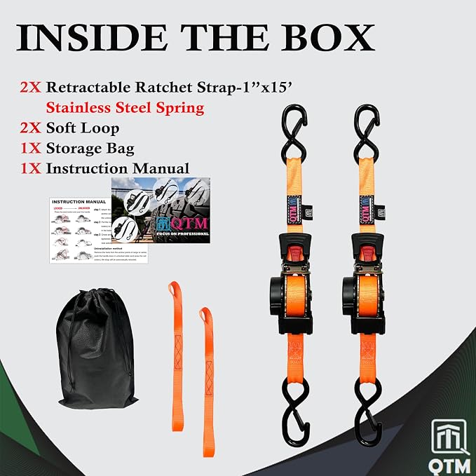 QTM 2-Pack Orange Retractable Ratchet Straps Stainless Steel Spring, 1" x15' with Soft Loops, Heavy Duty, 2,000lbs Breaking Strength, with Storage Bag