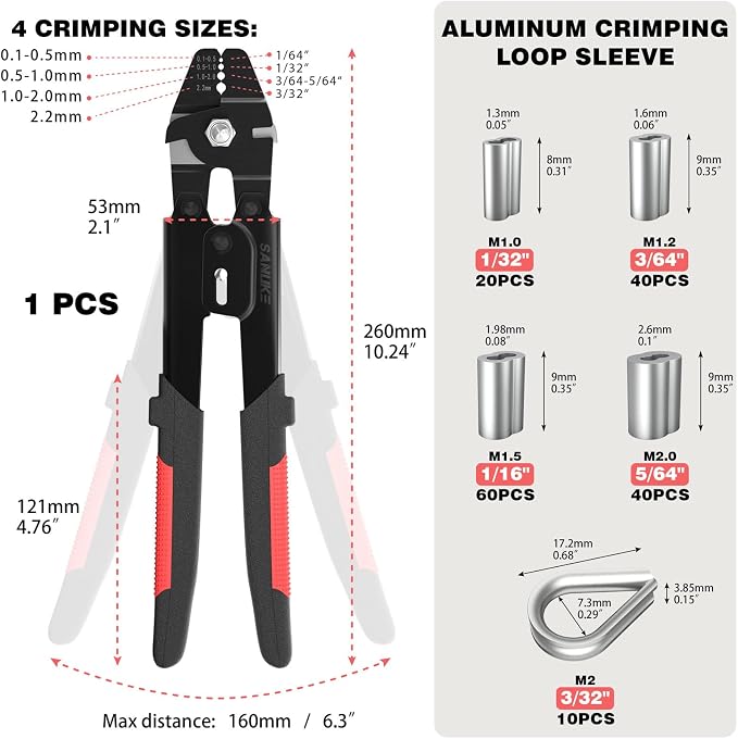 Sanuke Wire Rope Crimping Tool for 1/8 1/16 5/64 inch Aluminum Crimping Loop Sleeves Kit with 210pcs Aluminum Crimping Loop Sleeve and 10pcs Stainless Steel Thimble