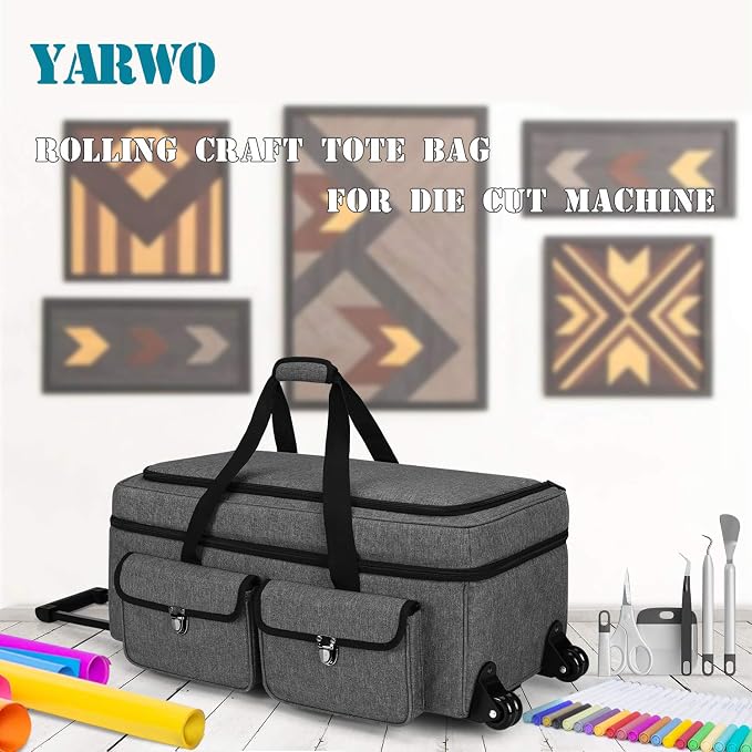 YARWO Rolling Craft Bag with Wheels Compatible for Cricut Explore 5/4/3, Maker 4/3, Cameo 5/4, Double Layers Die-cutting Machine Case with Multi Pockets for Craft Pen Sets, Cutting Mats&Supplies, Gray
