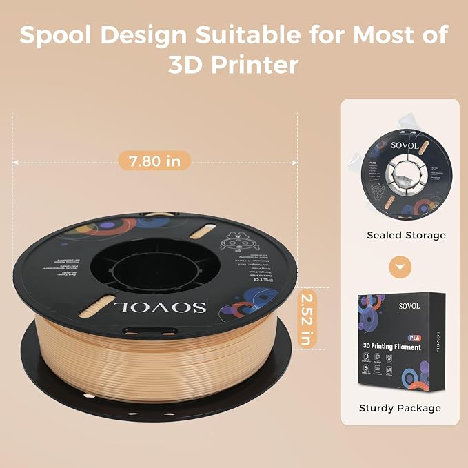 Sovol 3D Printer PETG Filament 1.75mm 1KG (2.2lbs), High Precision, Strong Toughness, Wiring Tightness, Dimensional Accuracy +/- 0.03 mm, 3D Printing PETG Filaments, Skin
