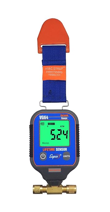 Supco VG64 Vacuum Gauge, Digital Display, 0-12000 microns Range, 10% Accuracy, 1/4" Male Flare Fitting Connection , Grey | 0 to 20,000 Microns Range, for HVAC, Automotive, Food and Beverage Applications, 10% Accuracy, Grey