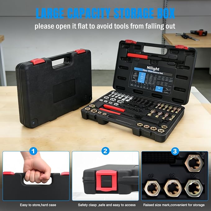 Nilight 49PCS Thread Chaser Set SAE Metric Master Thread Repair Kit with Case 22 Taps 24 Dies 3 Thread Files Universal UNC UNF Sizes Automotive Tool for Mechanics Auto Shops Home Garage Repair