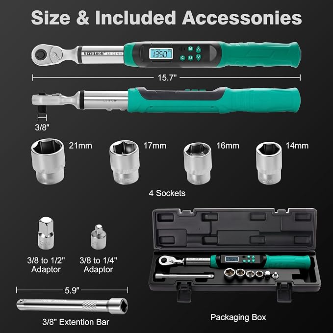 Digital Torque Wrench 3/8 Drive, 5–99.6 Ft-lbs / 6.8–135 N·m, ±2% Accuracy, Dual-Direction Ratchet, Electric Torque Wrench with Buzzer & LED Indicator for Bike, Motorcycle, Auto Repair