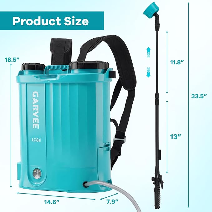 4.23 Gallon Battery Powered Backpack Sprayer, 0-65 PSI Adjustable Pressure, Electric Sprayer with 5 Nozzles and 1 Wands, 18V 2Ah Battery, Wide Mouth Lid for Weeding, Spraying
