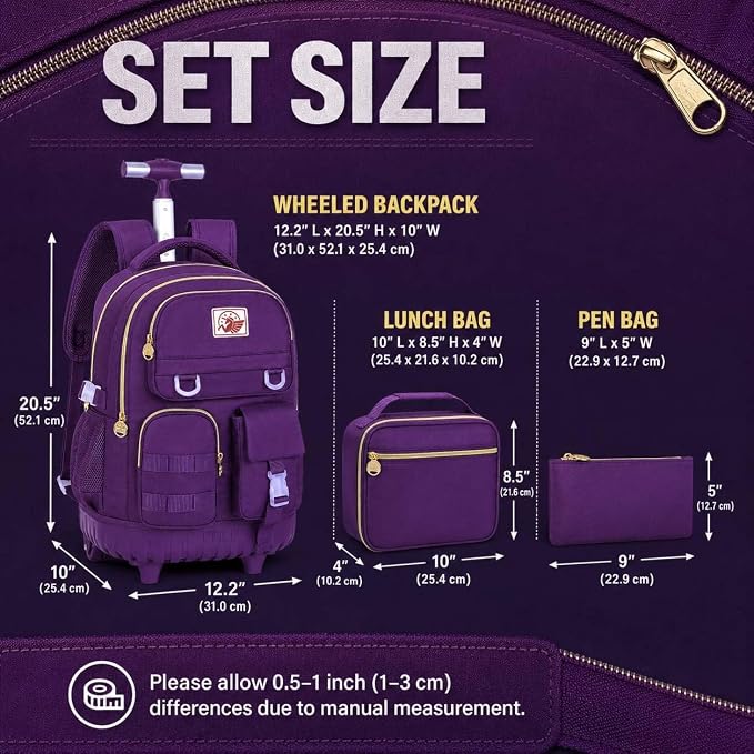 CCJPX 3PCS Rolling Backpack for Girls, Women Roller Bookbag with Lunch Box for Adults, Water Resistant Wheeled School Bag for Teens Kids Travel - Dark Purple