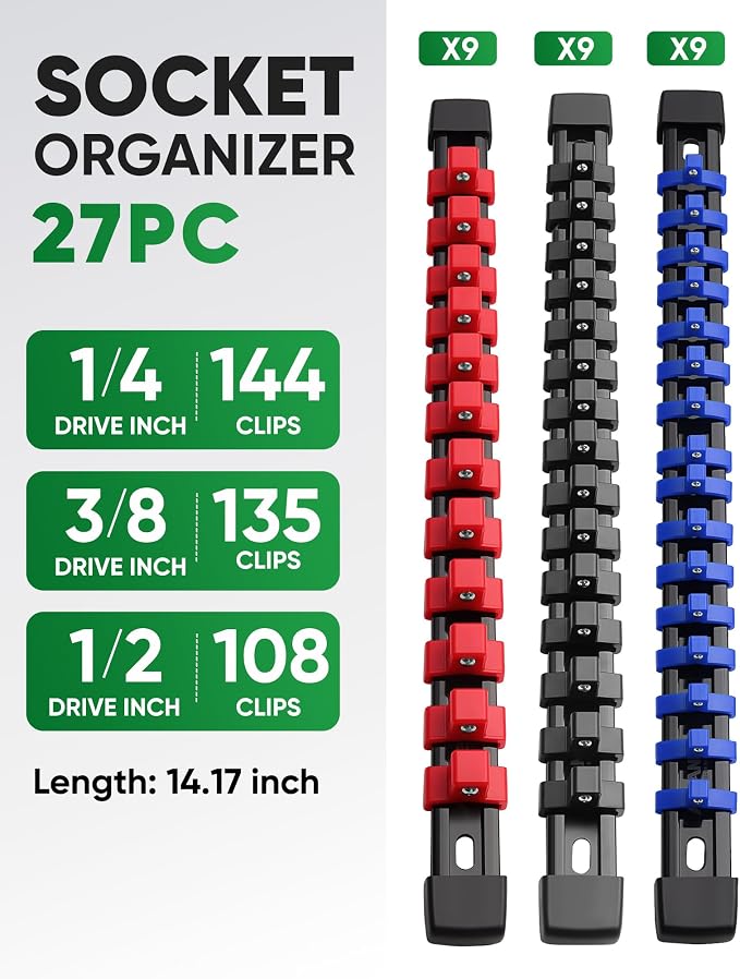 ALOANES 27PC Socket Organizer, Socket Rails Fit 1/2", 1/4" and 3/8" Drive | Heavy Duty ABS Socket Holders Hold up 387 Sockets for Mechanics Toolbox Drawer Bags(3 Color)