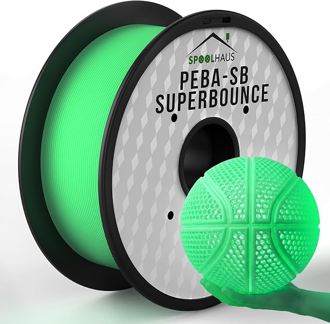 PEBA Filament High Rebound Flexible Filament Super TPU Nylon Based Strength 1.75mm 78% Energy Return Bouncy Airless Basketball Lightweight 3D Printer Filament SpoolHaus Superbounce (Glow Green, 1kg)