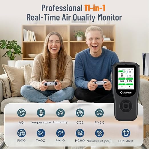 LifeBasis Air Quality Monitor Indoor, 11-in-1 Air Quality Detector with Stand, Air Meter Test AQI, PM1.0, PM2.5, PM10, CO2, TVOC, HCHO, Particles, Temperature and Humidity with Alert