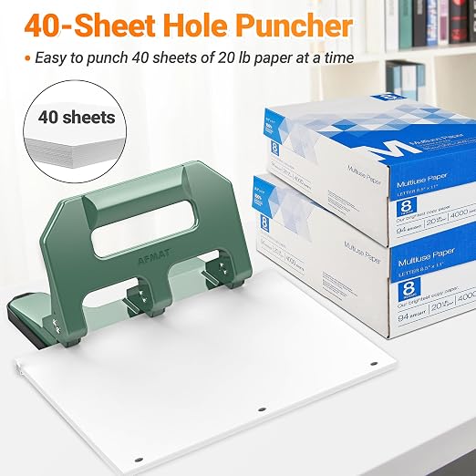 AFMAT Heavy Duty 3 Hole Punch, 3 Hole Puncher for Binder, 40-Sheet Three Hole Punch w/ 10000+ Uses, Metal Hole Puncher 3 Ring, 50% Reduced Effort, 9/32inch Hole, Bulit-in S.S. Paper Guide HPX1(Green)
