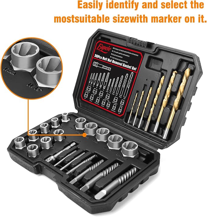 Eapele Bolt Extractor Set, Stripped Nut Remover Twist Sockets, Fit 3/8" Square Drive with Solid Storage Case(26pcs, Black)