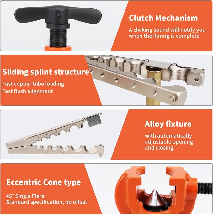 Flare Tool, HVAC Pipe Expander Tool, 45° Eccentric Type Flare Tool | Brake Line Flaring Tool Kit, With clamps and limit stops for 1/4"–3/4" and 6–19mm, For HVAC repair and installation.