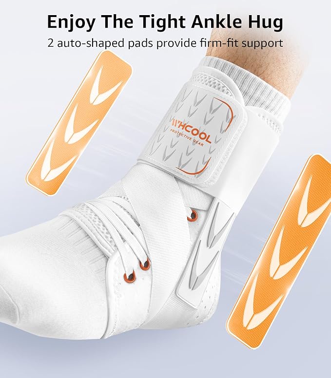Slim-Fit Ankle Brace for Sprained Ankle, Quick Lace Up Ankle Support for Women Men with 2 Auto-Shaped Pads, Air Fabric Cool Ankle Stabilizer for Injury Recover, Running,Sports,White,M