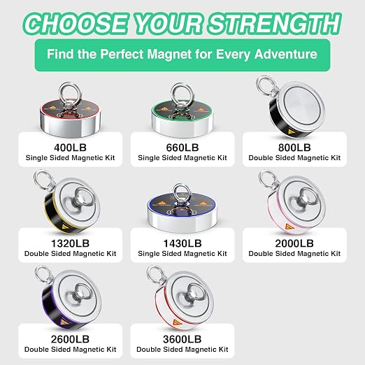 2000LB’s Complete Magnet Fishing Kit | Double Sided Fishing Magnet Kit with Case | Includes Strong Neodymium N52 Magnets, Durable 65ft Rope, Carabiner, Gloves, Grappling Hook & Carry Case