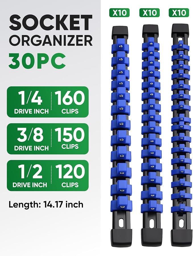ALOANES 30PC Socket Organizer, Socket Rails Fit 1/2", 1/4" and 3/8" Drive | Heavy Duty ABS Socket Holders Hold 430 Sockets for Mechanics Toolbox Drawer Bags(Blue)