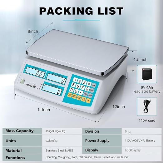 Counting Scale 15kg/33lb x 0.1g for Small Parts, Coins, Pieces, Tickets | (lb/oz/g/kg), Industrial, High Precision, Dual Power Supply, with Battery