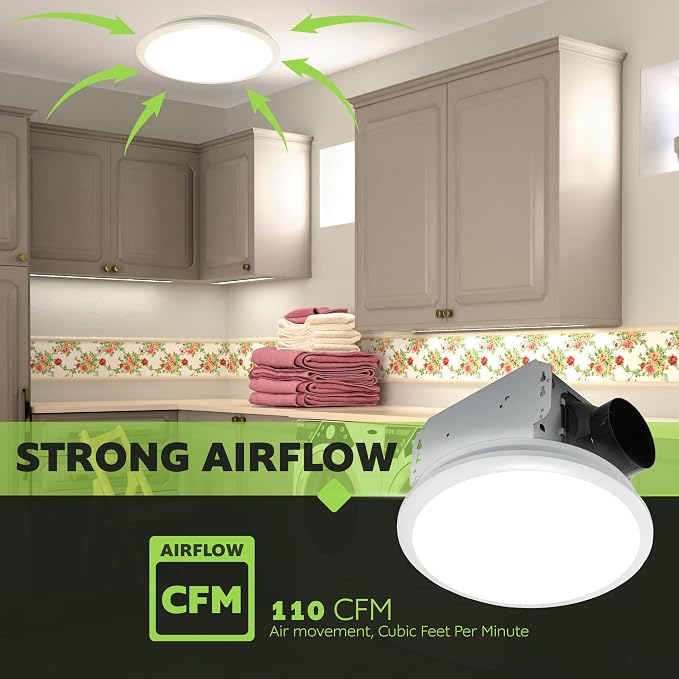 Homewerks 7141-110 Bathroom Fan Integrated LED Light Ceiling Mount Exhaust Ventilation 2.0 Sones 110 CFM, White