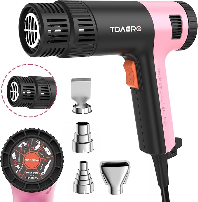 Heat Gun for crafting 1800W, 122℉~1202℉ Variable Temperature Control with 2-Temp Settings 4 Nozzles, 1.5s Fast Heating Mini Heat Gun for Resin, Shrink PVC Tubing/Crafts and Vinyl Wrap（Pink）