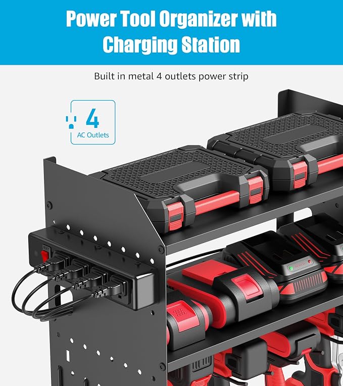 CCCEI Modular Power Tool Organizer Wall Mount with Charging, Black, 1 Pack | Drill & Battery Storage Rack with Peg Hooks, Garage Workshop, Gifts for Men, Husband, Anniversary, Birthday