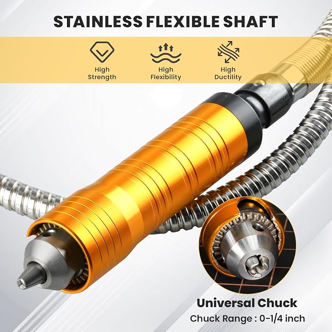 1200W Flex Shaft Grinder, 30000RPM Variable Speed Flex Shaft Rotary Tool Kit with 46pcs Accessories, 0-1/4" Universal Chuck Hanging Grinder for Polishing, Carving, Silver, Wood, DIY Creating