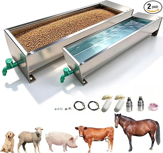 Automatic Livestock Water Trough 25 Gallons & 12 Gallons Livestock Feeding Trough Waterer Animal Stainless Steel Larger Automatic Waterer with Float Valve Kit for Goat Cattle Horse Hog Dog(2 Pack)