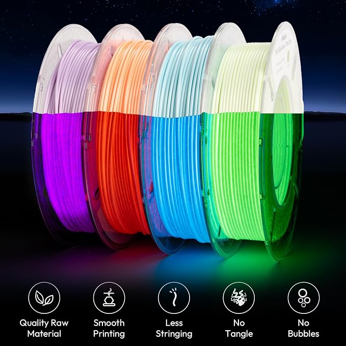 AMOLEN Silk Glow in the Dark Filament Multicolor, Glow Filament Silk Green, Blue, Purple, Orange Red 1.75mm PLA Filament, Dimensional Accuracy +/- 0.02 mm, 200g X 4 Pack