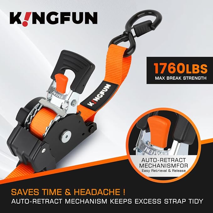 Retractable Ratchet Straps 4 Pack, 1" x 10' Self Retracting Tie Down Straps | Heavy Duty Ratchet Straps with 1760lb Break Strength, Auto Retractable Tie Down Straps for ATV, UTV, Motorcycle, Trailer