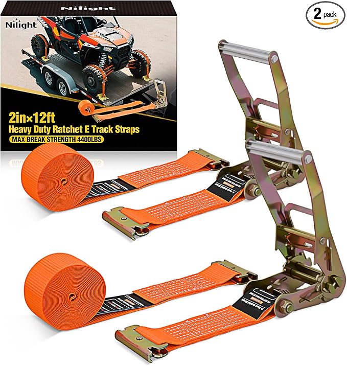 Nilight E-Track Ratchet Straps 2 Pack 2" x 12' Heavy Duty Orange Cargo Tie-Downs 4400 lbs Breaking Strength Standard E Track accessories Tie Down E-Track Spring Fittings for Cargo Vans Trucks Trailers