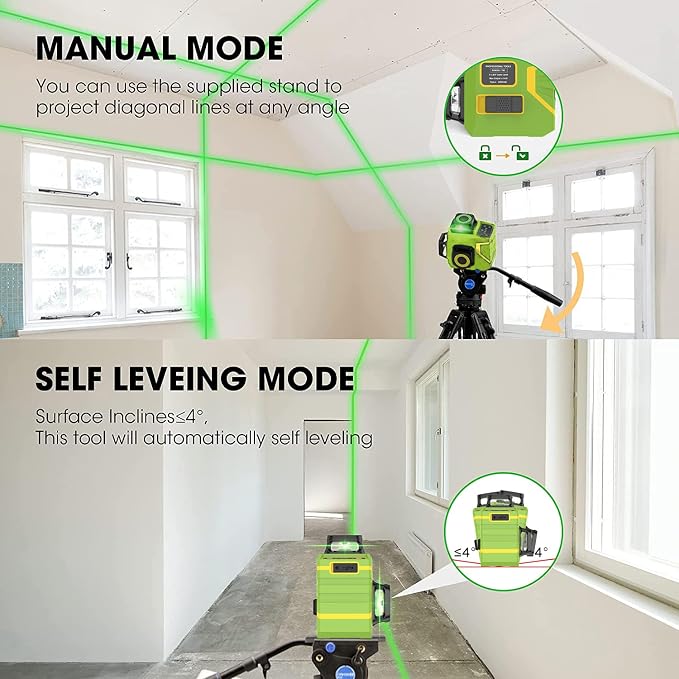 Laser Level Self Leveling 3x360° 3D Green Cross Line for Construction and Picture Hanging, Rechargeable battery, Remote Controller, Magnetic Rotating Stand Included