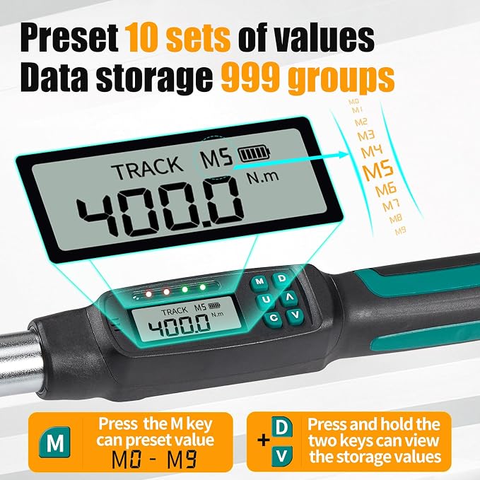 1/2” Digital Torque Wrench Set 8.9-295 ft-lb/12-400 Nm, ±2% Accuracy, LED & Buzzer Alerts, with 3 Adapters (1/4", 3/8"& Extension Bar), Industrial CR-V Steel for Car, Motorcycle, Bike Repair