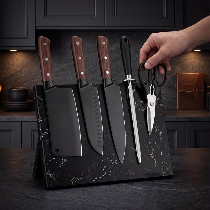 Magnetic Knife Block Marble Black Magnetic Knife Holder Heavy Duty Knives Block Stand with Strong Magnets for Countertop Kitchen Storage, 8.46 x 10.24 Inches