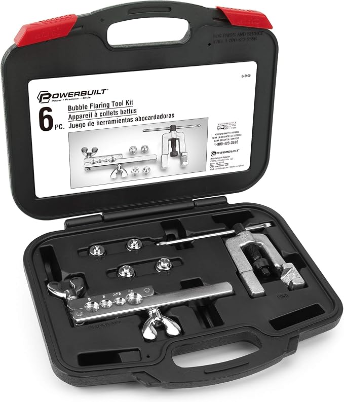 Powerbuilt ISO Bubble Flaring Tool Set for Hydraulic Brake Lines, 6 Piece Car Service Kit, Yoke, T-Handle, Adapters, Storage Case - 648990