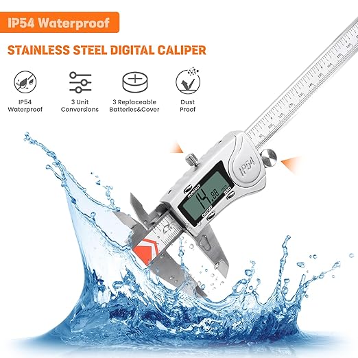 HARDELL Digital Caliper 8 Inch, Heavy-Duty IP54 Calipers with 3-Batteries & Extra Cover, All Stainless Steel Digital Micrometer Vernier Caliper, Inch/MM/Fraction, Auto-Off for DIY/3D-Printing